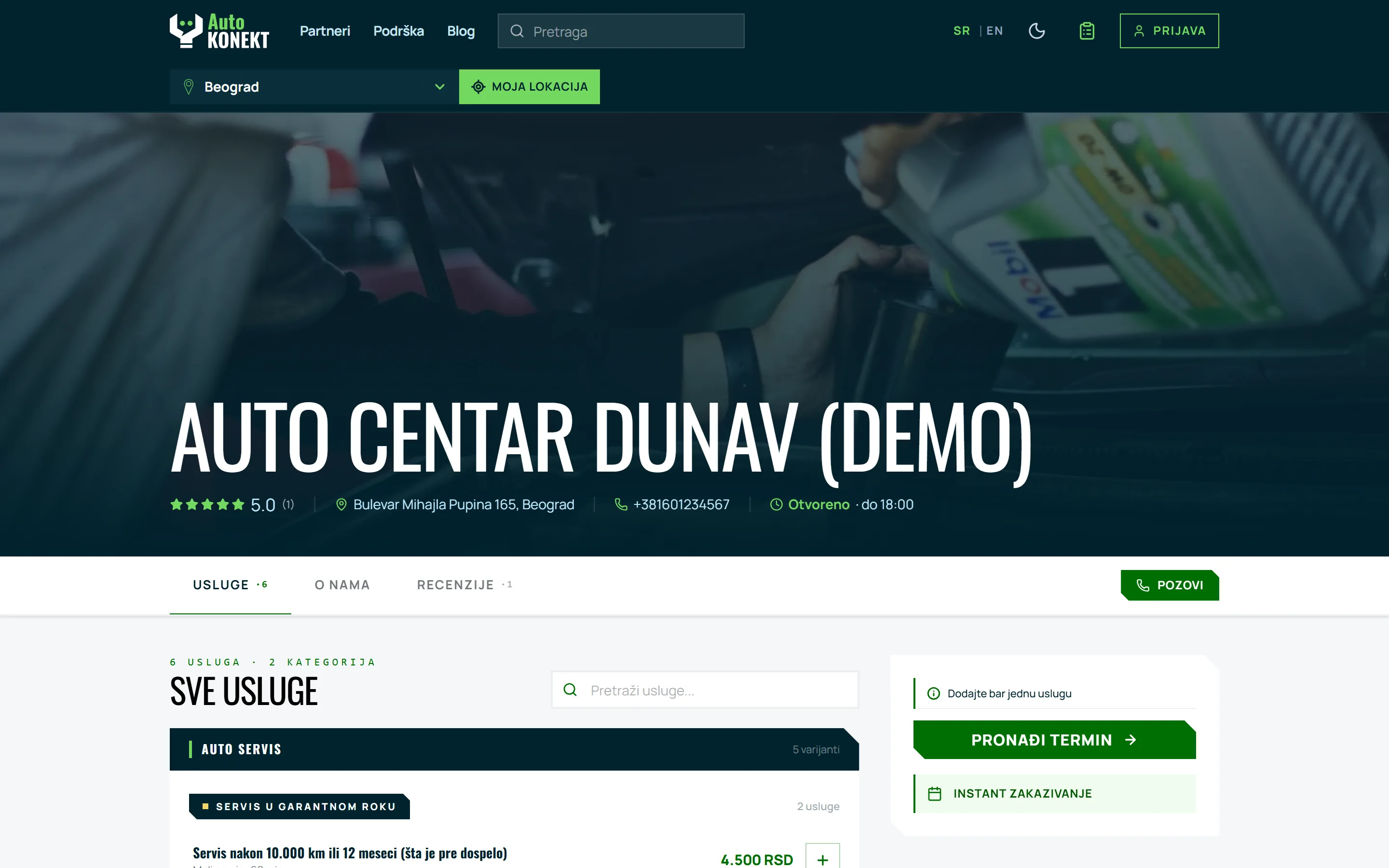 AutoKonekt partnerski profil sa online zakazivanjem termina