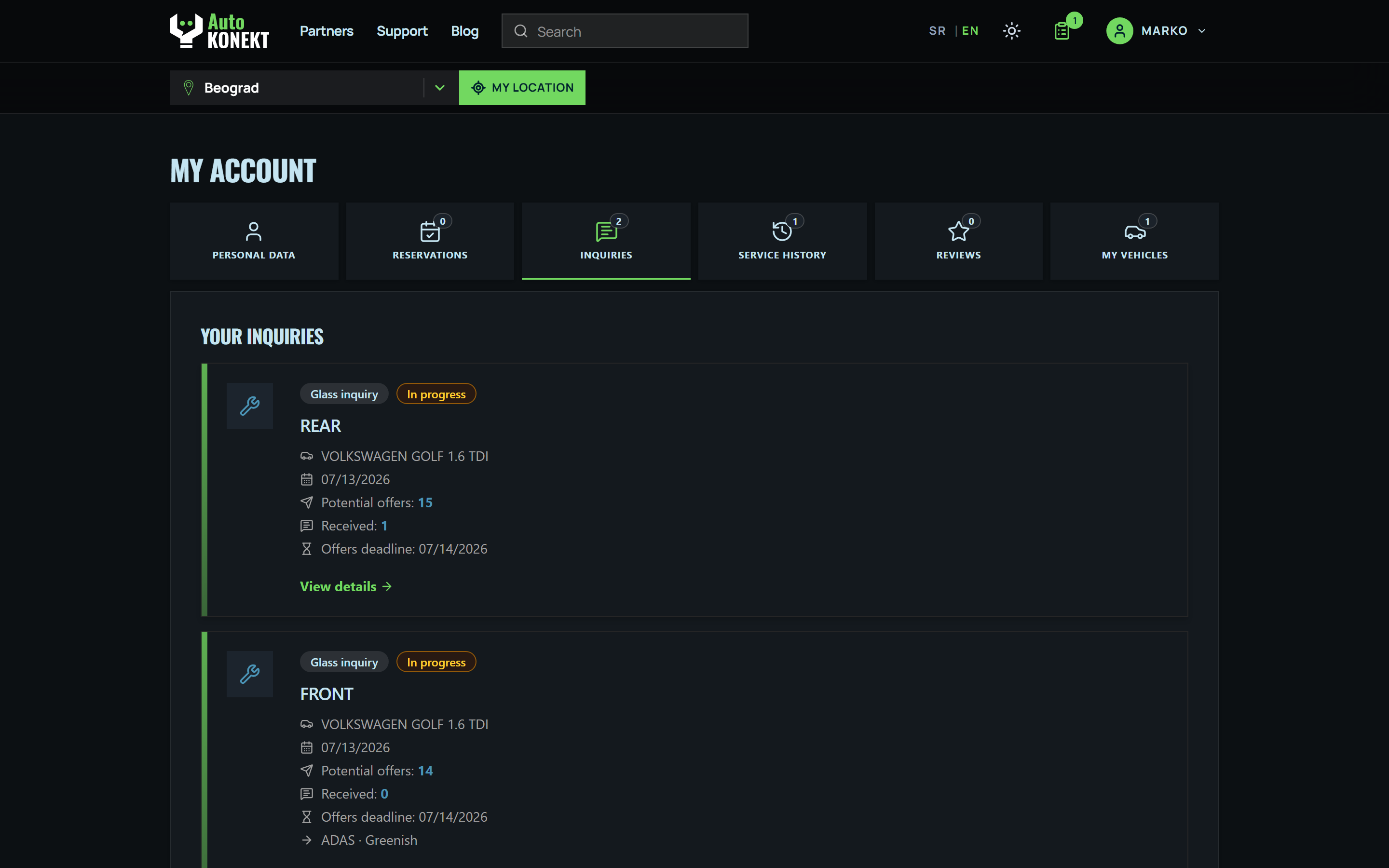 AutoKonekt queries — one request for parts or glass, offers from multiple services